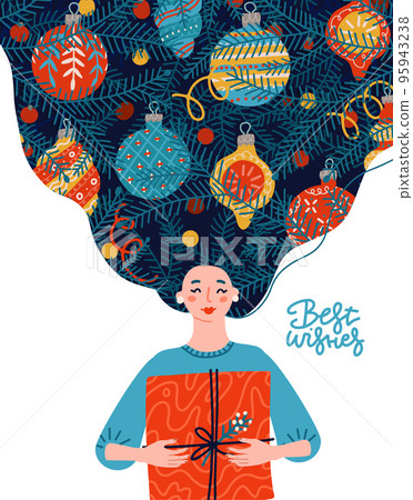 Merry Christmas and New Year greeting card with happy young girl holding xmas gift box with bauble decoration in der long hair. Festive holiday event design. Flat vector illustration with lettering 95943238