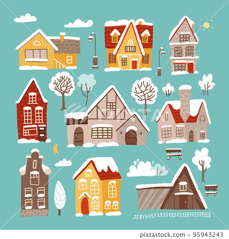 Different Winter houses set. Brick and wooden christmas houses covered with snow. Winter background with cartoon countryside buildings. Winter time landscape constructor. 95943243
