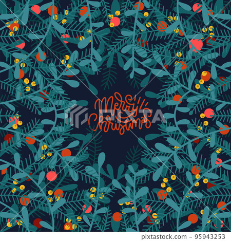 Christmas card with big wreath of twigs, leaves, berries, holly, mistletoe with letteruing in the center. Retro Christmas postcard. Vector flat hand drawn layered illustration. Christmas card with big wreath of twigs, leaves, berries, holly, mistletoe with letteruing in the center. Retro Christmas postcard. Vector flat hand drawn layered illustration. 95943253