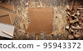 Cardboard torn edge and brown ripped paper on chipboard plywood background. Recycling concept 95943372