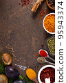 Variety of spices and herbs at table background. Cooking concept and ingredients 95943374