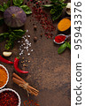 Variety of spices and herbs at table background. Cooking concept and ingredients 95943376