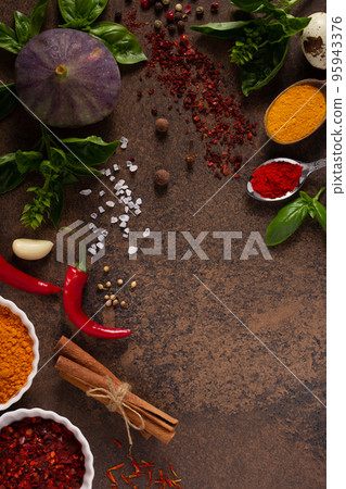 Variety of spices and herbs at table background. Cooking concept and ingredients Variety of spices and herbs at table background. Cooking concept and ingredients 95943376