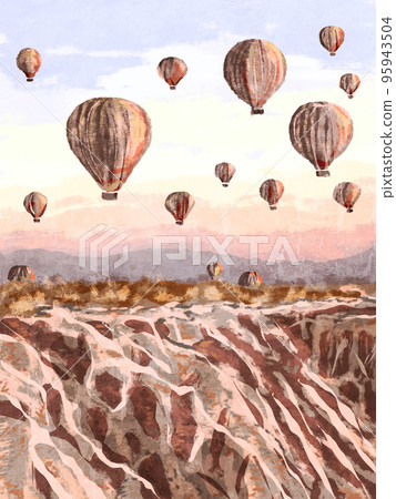 Abstract art print of Cappadocia, Turkey with rock mountains and balloons in the sky. Abstract Minimal Background. Bohemian printable wall art, boho poster, pastel abstract art, landscape drawing 95943504