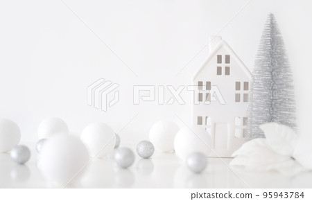 Christmas composition. Christmas balls white and silver, decorative house, christmas tree on a white background 95943784
