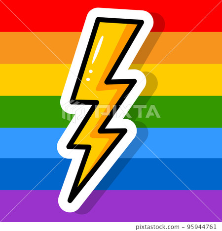 Lightning on a striped multi-colored background. Cartoon sticker. LGBT Pride. Rainbow flag. Vector illustration 95944761
