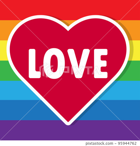 Heart with the inscription love on a striped multi-colored background. Cartoon sticker. LGBT Pride. Rainbow flag. Vector illustration. 95944762