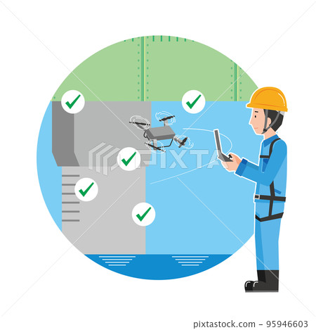 A worker uses a drone to inspect a bridge A worker uses a drone to inspect a bridge 95946603
