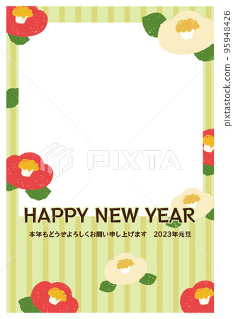 Hand-drawn camellia photo New Year's card template Midori 95948426
