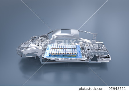 Electric car battery with pack of battery cells module on platform 95948531