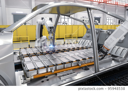 Robot assembly line with electric car battery cells module on platform 95948538