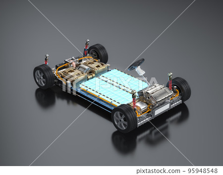 Electric car with pack of battery cells module on platform Electric car with pack of battery cells module on platform 95948548