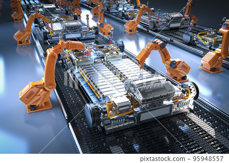 Robot assembly line with electric car battery cells module on platform 95948557