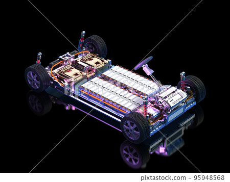 Electric car with pack of battery cells module on platform Electric car with pack of battery cells module on platform 95948568