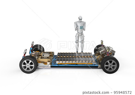 Robot study or research ev car with pack of battery cells module on platform Robot study or research ev car with pack of battery cells module on platform 95948572