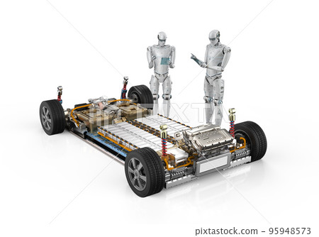 Robot study or research ev car with pack of battery cells module on platform Robot study or research ev car with pack of battery cells module on platform 95948573