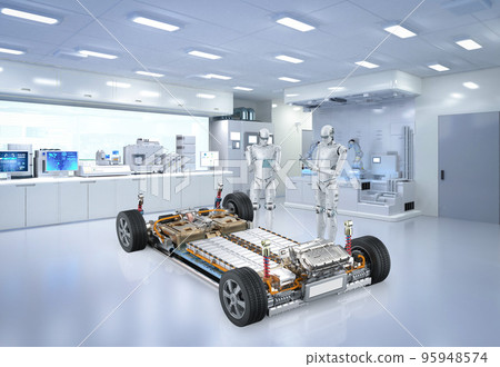 Robot study or research ev car with pack of battery cells module on platform Robot study or research ev car with pack of battery cells module on platform 95948574