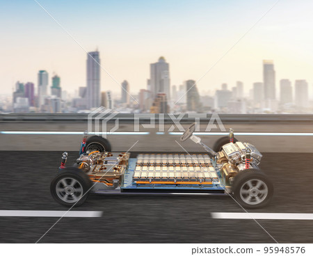 Electric car business with ev car with pack of battery cells on road 95948576