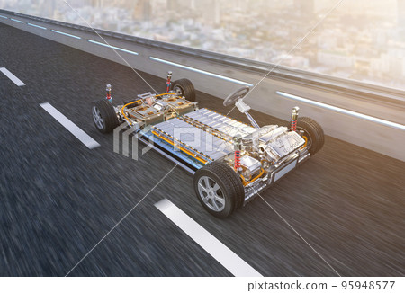 Electric car business with ev car with pack of battery cells on road 95948577