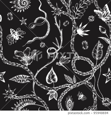 Beautiful trendy seamless pattern with hand drawn chimera animals birds insects and fantasy plants. Stock fashionable textile illustration. 95948694