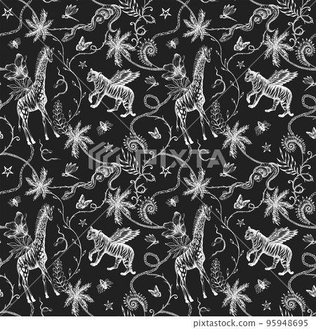Beautiful trendy seamless pattern with hand drawn chimera animals birds insects and fantasy plants. Stock fashionable textile illustration. Beautiful trendy seamless pattern with hand drawn chimera animals birds insects and fantasy plants. Stock fashionable textile illustration. 95948695