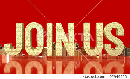 gold join us and gift box on red background 3d rendering gold join us and gift box on red background 3d rendering 95949323