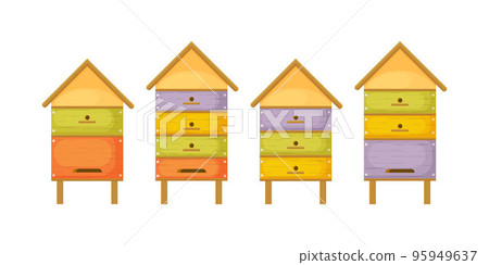 Hive. Beehives. Four wooden beehives in the form of houses. Colorful beehives in cartoon style. Houses for honey bees. Vector illustration isolated on a white background 95949637