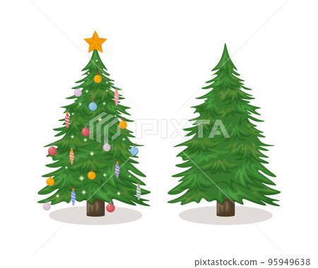 Christmas trees. Two Christmas trees, one decorated with Christmas balls, the other without decorations. Vector illustration 95949638
