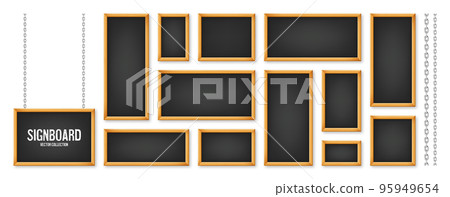 Signboards in a wooden frame hanging on a metal chain. Restaurant menu board. School chalkboard, writing surface for text or drawing. Blank advertising or presentation boards. Vector illustration 95949654