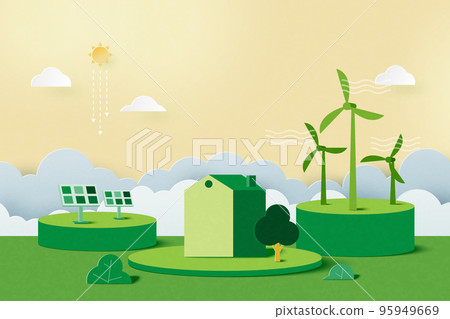 Green alternative renewable energy.Green eco friendly nature landscape background.Paper art of ecology and environment concept.Vector Illustration. 95949669