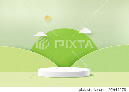 3d Paper cut abstract minimal geometric shape template background.White cylinder podium on green nature mountains landscape.Vector illustration. 95949678