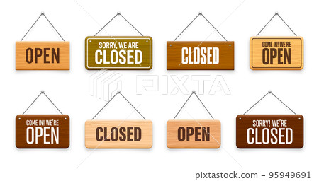 Wooden open or closed hanging signboards. Made of wood door sign for cafe, restaurant, bar or retail store. Announcement banner, information signage for business or service. Vector illustration 95949691