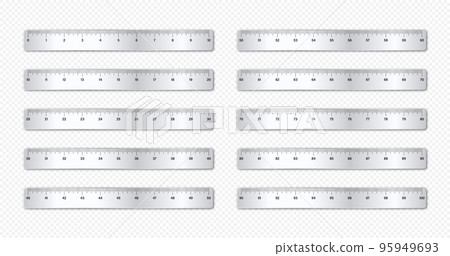 Realistic various shiny metal rulers with measurement scale and divisions, measure marks. School ruler, inch scale for length measuring. Office supplies. Vector illustration 95949693