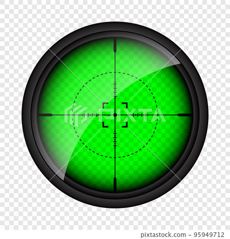 Weapon night sight, sniper rifle optical scope. Hunting gun viewfinder with crosshair. Aim, shooting mark symbol. Military target sign, silhouette. Game interface UI element. Vector illustration Weapon night sight, sniper rifle optical scope. Hunting gun viewfinder with crosshair. Aim, shooting mark symbol. Military target sign, silhouette. Game interface UI element. Vector illustration 95949712