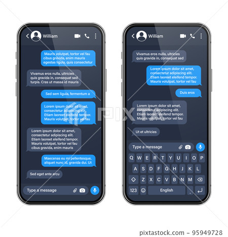 Realistic smartphone with messaging app. SMS text frame. Conversation chat screen with blue message bubbles and placeholder text. Social media application. Vector illustration. Realistic smartphone with messaging app. SMS text frame. Conversation chat screen with blue message bubbles and placeholder text. Social media application. Vector illustration. 95949728