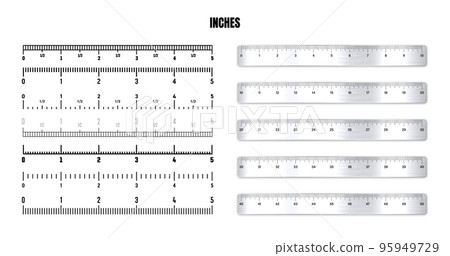 Realistic metal rulers with black inch scale for measuring length or height. Various measurement scales with divisions. Ruler, tape measure marks, size indicators. Vector illustration 95949729