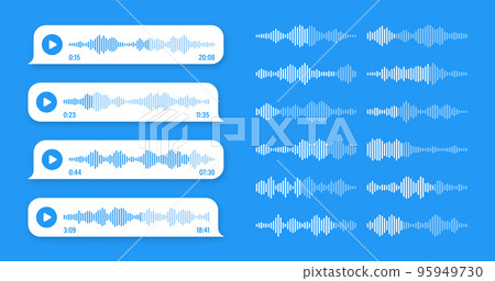 Voice, audio message, blue speech bubble. SMS text frame. Social media chat or messaging app conversation. Voice assistant, recorder. Sound wave pattern. Vector illustration 95949730