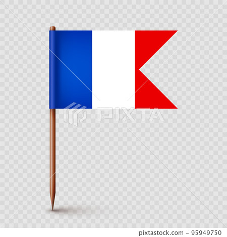 Realistic French toothpick flag. Souvenir from France. Wooden toothpick with paper flag. Location mark, map pointer. Blank mockup for advertising and promotions. Vector illustration Realistic French toothpick flag. Souvenir from France. Wooden toothpick with paper flag. Location mark, map pointer. Blank mockup for advertising and promotions. Vector illustration 95949750