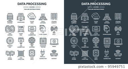 Cloud computing and internet technology, database remote access. Web hosting, online services data protection. Information security, data sharing and backup. Thin line icons set. Vector illustration 95949751