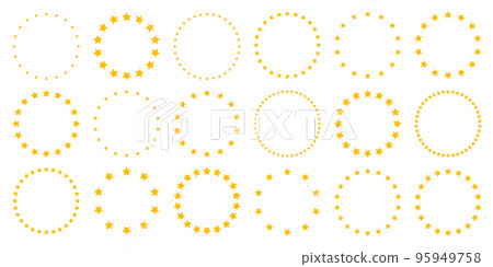 Stars of various sizes arranged in a circle. Round frame, border. Yellow star shape, simple symbol. Design element, ornament. Vector illustration Stars of various sizes arranged in a circle. Round frame, border. Yellow star shape, simple symbol. Design element, ornament. Vector illustration 95949758