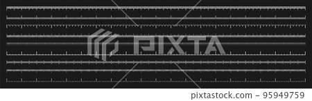 Various measurement scales with divisions. Realistic white scale for measuring length or height in centimeters, millimeters or inches. Ruler, tape measure marks, size indicators. Vector illustration Various measurement scales with divisions. Realistic white scale for measuring length or height in centimeters, millimeters or inches. Ruler, tape measure marks, size indicators. Vector illustration 95949759