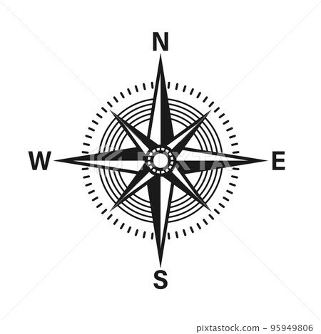 Vintage marine wind rose, nautical chart. Monochrome navigational compass with cardinal directions of North, East, South, West. Geographical position, cartography and navigation. Vector illustration. Vintage marine wind rose, nautical chart. Monochrome navigational compass with cardinal directions of North, East, South, West. Geographical position, cartography and navigation. Vector illustration. 95949806
