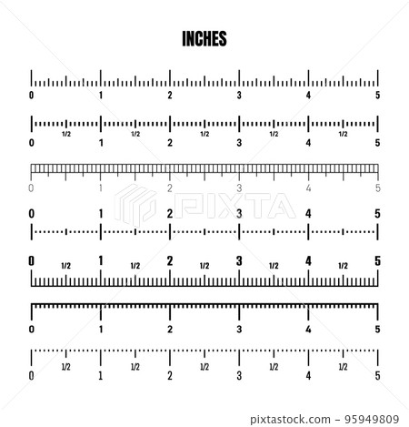 Realistic black inch scale for measuring length or height. Various measurement scales with divisions. Ruler, tape measure marks, size indicators. Vector illustration 95949809