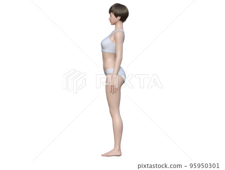 Illustration of a 3D model woman with poor posture and arched back and anteriorly tilted pelvis, lying sideways Illustration of a 3D model woman with poor posture and arched back and anteriorly tilted pelvis, lying sideways 95950301