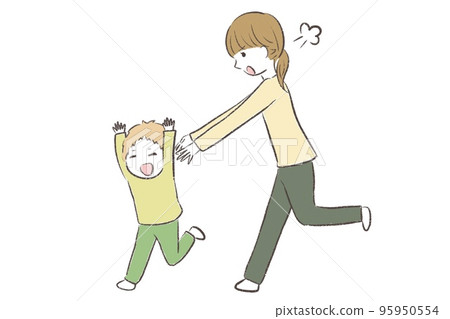 Mother chasing restless and naughty child with ADHD 95950554