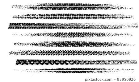 Set of black motorcycle tire tread print with grunge effect isolated on white background 95950926
