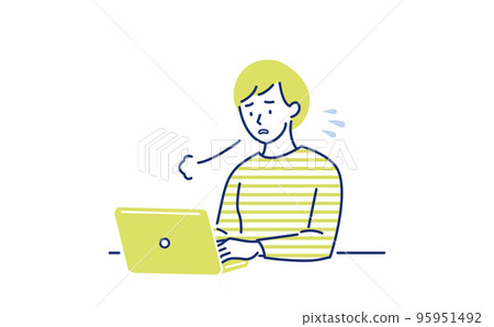 A woman working on a computer while sighing A woman working on a computer while sighing 95951492