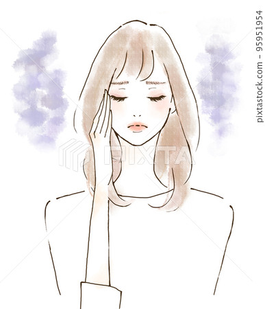 Illustration of a woman suffering from headache and poor physical condition Negative emotions 95951954