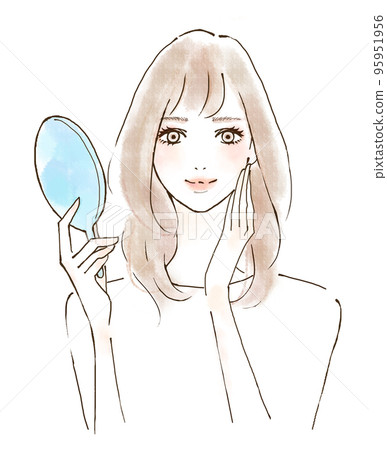 Illustration of a young woman looking at the mirror and smiling Positive feeling and high happiness 95951956