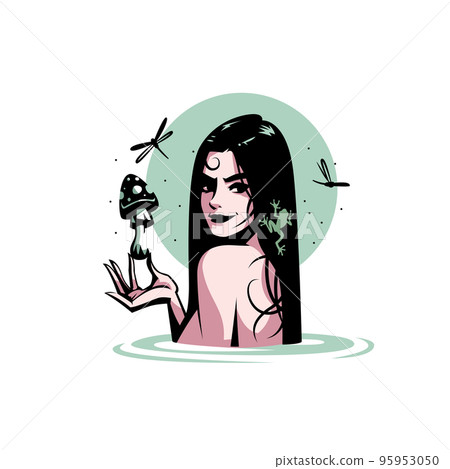 A mermaid woman in the water holds a fly agaric mushroom in her hand. 95953050